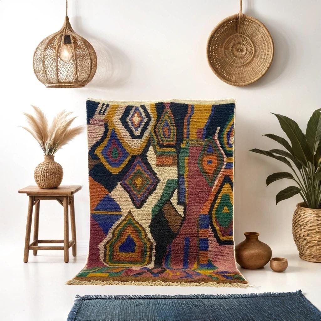 Mehrfarbiger Marokkanischer Teppich, Handgemachter Wollteppich, Berber Teppich, Beni Ourain Teppich, 200x300, Wollteppich, Shag Teppich