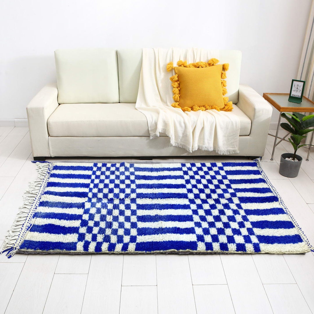 Large Check Blue Rug Large Blue and White Checkered Rug, Moroccan Berber Checkered Rug ...