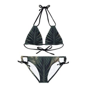 Dark Green Floral Bikini-Rave Bikini-Bikini Set for Teen-Dark Green Palm Leaves Swimwear-Summer Beachwear-Leaf Pattern Bikini-Bridal Bikini