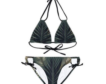 Dark Green Floral Bikini-Rave Bikini-Bikini Set for Teen-Dark Green Palm Leaves Swimwear-Summer Beachwear-Leaf Pattern Bikini-Bridal Bikini