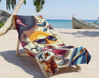 Strandtuch mit Sommerhut und Sonnenbrille, lebendiges Muster, perfektes Geschenk zum Strandtag - Strandparty - Sommerurlaub - Strand Bachelorette