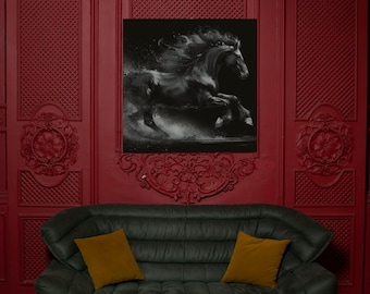 Black Horse Canvas Painting - Majestic Equine Wall Art - Royal Horses - Horse silhouette Wall art - Large Wild Horse Painting - Horse Lover
