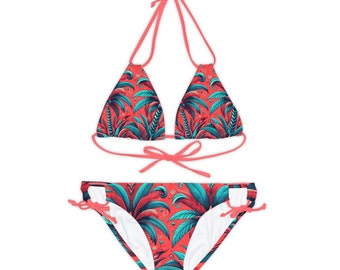 Hawaiian Strappy Bikini Set - Bathing Suit - Adjustable Beachwear for Women - Two Piece Women Swimsuit - Floral Bikini Top - Bikini Bottom
