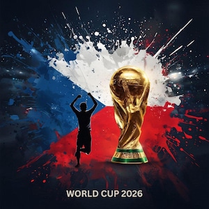 Puede incluir: Un trofeo dorado de la Copa del Mundo con la silueta de una persona celebrando, sobre un fondo de la bandera checa y salpicaduras de pintura. El texto "WORLD CUP 2026" está en la parte inferior.