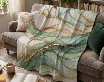 Groene fleece deken in Kintsugi-stijl voor stoel, Japandi-stijl slaapkamerdeken Nature Vibes, groene Serendipity Zen Gezellige decoratieve plaid