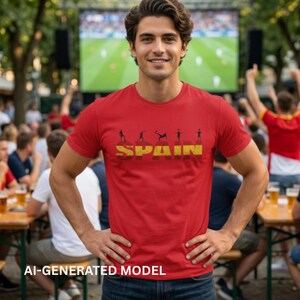 Può includere: Una t-shirt rossa a maniche corte con la parola SPAIN stampata in un carattere a blocchi giallo e rosso. Sopra il testo ci sono cinque sagome nere di calciatori in varie pose d'azione. La maglietta ha un girocollo e una vestibilità standard.
