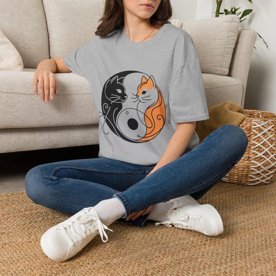 トップス yuhanwang Cat Print Tee Yin Yang Cat Drawing T-shirt - Yin Yang Cat Tee Gift - Unique Cat