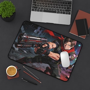 May include: A rectangular mousepad featuring a dynamic anime-style illustration of a character holding a gun. The character is dressed in black and red, set against a backdrop of a city in ruins. A white mouse sits on the pad.