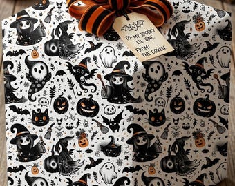 Spooky Cute Tiny Ghosts and Sorcerer Cat Gift Wrap - Halloween-cadeaupapier op rol - Haunted & Magical Designs-cadeaupapier