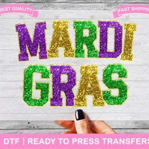 Mardi Gras Varsity Font Faux Glitter Effect DTF Transfers, Mardi Gras Ready To Press, Carnival Shirt Transfers, T-Shirt Transfers, Prints
