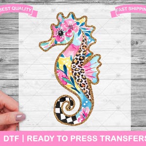 Sommer Seepferdchen Glitzer Effekt DTF Transfers, Drucke, bereit zum Pressen von Shirt Transfers, Ocean Life Heat Transfers, zum Aufbügeln, Shirt DTF