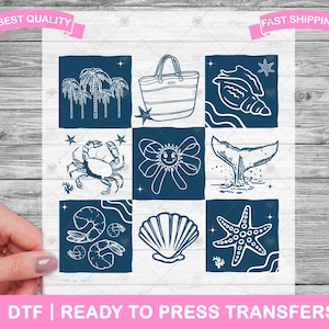 Sommer Urlaub Strand Muschel DTF Transfers, Drucke, fertig zum Aufbügeln Shirt Transfers, Küsten Heat Transfers, Bügelbild, Shirt DTF