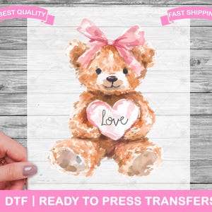Valentine Watercolor Teddy Bear DTF Transfers, Prints, Ready To Press Shirt Transfers, Valentine&#39;s Day DTF, Heat Transfers, Iron On Transfer