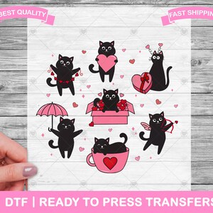 Niedliche schwarze Katze Valentinstag DTF Transfers, Valentinstag bereit zum Pressen, schwarze Katze Liebhaber Transfers, T-Shirt Transfers, DTF Drucke