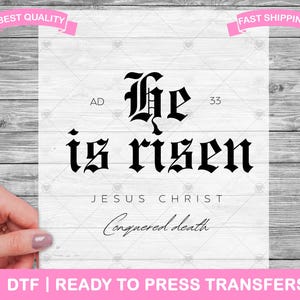 On Zmartwychwstał Jezus Chrystus DTF Transfery, Wydruki DTF, Gotowy do Prasowania Transfer Koszulek, Chrześcijański Religijny Katolicki Wielkanoc DTF, Transfer Do Prasowania