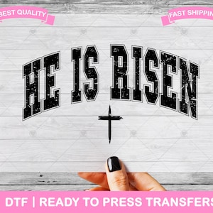 On zmartwychwstał Wielkanoc DTF Transfer, DTF Prints, Gotowe do prasowania koszulki Transfery, Biblia Zmartwychwstania Chrześcijański Cytat Wielkanoc DTF, Transfer do prasowania