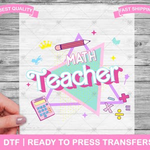 May include: A pink and blue graphic design with the text "Math Teacher" in a pink bubble font. The design includes a pencil, a calculator, a crown, and math symbols.