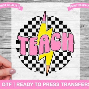 May include: A yellow lightning bolt with a pink "TEACH" word graphic on a black and white checkered background. The lightning bolt is shaped like a pencil.