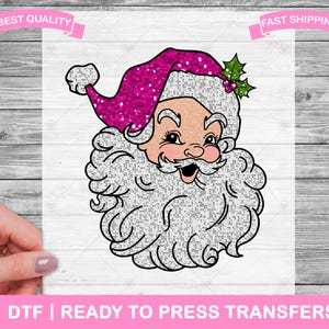 Décalcomanies DTF Père Noël rose effet scintillant, prêtes à imprimer, Décalcomanies de chemise prêtes à être imprimées, T-shirt Père Noël, Impressions DTF