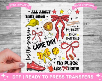 Transferencias DTF para el día del partido de sóftbol, impresiones, transferencias de camisetas listas para planchar, transferencias térmicas para la temporada de sóftbol, transferencias para planchar, transferencias DTF para camisetas