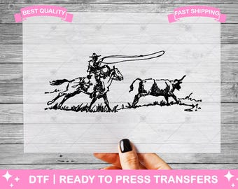 Cowboy Roping Cow DTF Transfers, Prints, Ready To Press Shirt Transfers, Western Cowboy Heat Transfers, Iron On Transfer, Shirt DTF
