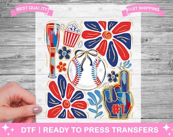Transferencias DTF de béisbol para el 4 de julio, impresiones, transferencias listas para planchar, transferencias lindas para el día del partido de béisbol, transferencias termoadhesivas, transferencias DTF para camisetas