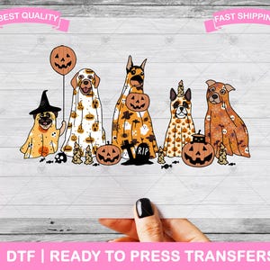 Halloween schattige honden hondenrassen DTF-transfers, DTF-prints, kant-en-klare shirttransfers, Halloween-hondenwarmtetransfers, opstrijkbare transfer