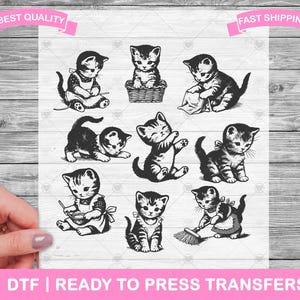Süße Vintage Retro Katzen Kätzchen DTF Transfers, DTF Drucke, fertig zum Pressen von Shirt, Katzenliebhaber DTF, Heat Transfers, zum Aufbügeln