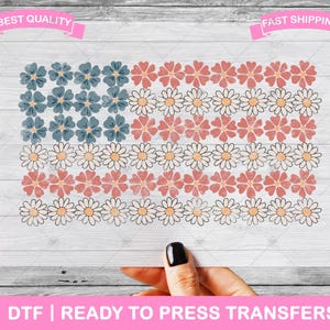 4th Of July Red White Blue Floral Flag DTF Transfers, Prints, Ready To Press Shirt Transfers, Heat Transfers, Iron On Transfer, Shirt DTF