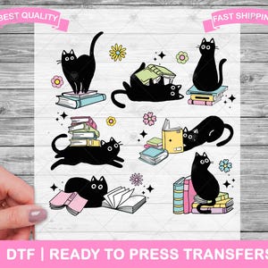 Cute Cats And Books Reading DTF Transfers, Prints, Ready To Press Shirt Transfers, Book Lover Heat Transfers, Iron On Transfer, Shirt DTF