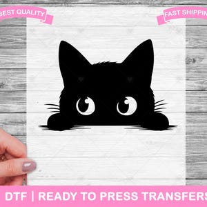 May include: Black silhouette of a cat peeking from behind a white surface. The cat has large, round eyes and a small, pointed nose.