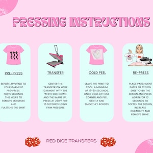 Op de afbeelding: Een roze en witte afbeelding met instructies voor het persen van een hittetransferontwerp op een kledingstuk. De stappen omvatten voorpersen, overbrengen, koud afschilferen en opnieuw persen. De afbeelding bevat ook een warmtepers en een rood dobbelsteenontwerp.
