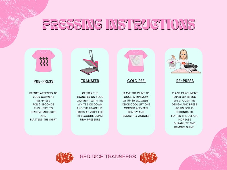 Op de afbeelding: Een roze en witte afbeelding met instructies voor het persen van een hittetransferontwerp op een kledingstuk. De stappen omvatten voorpersen, overbrengen, koud afschilferen en opnieuw persen. De afbeelding bevat ook een warmtepers en een rood dobbelsteenontwerp.