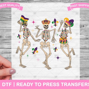 Mardi Gras Dancing Skeletons DTF Transfers, DTF Prints, Ready To Press Shirt Transfers, Mardi Gras DTF, Nola Dtf, Iron On Transfer