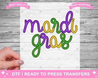 Mardi Gras Faux Embroidery Effect Script DTF Transfers, Mardi Gras Ready To Press, Carnival Shirt Transfers, T-Shirt Transfers, Mardi Prints
