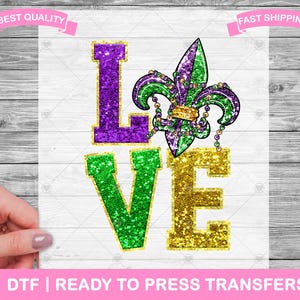 Mardi Gras Faux Glitter Effect Love DTF Transfers, Mardi Gras Ready To Press, Carnival Shirt Transfers, T-Shirt Transfers, Mardi Prints