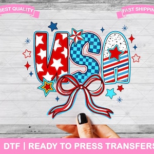 Transferências DTF Coquette 4 de Julho EUA, estampas, transferências para camisas prontas para prensagem, transferências térmicas com laço patriótico, transferência para passar a ferro, transferência para camisas DTF
