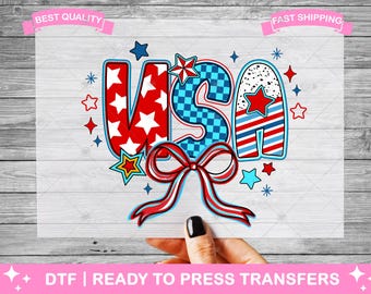 Coquette 4th Of July USA DTF Transfers, Prints, Ready To Press Shirt Transfers, Bow Patriotic Heat Transfers, Iron On Transfer, Shirt DTF