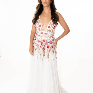 Beaded Floral Ballgown: Deep V-Neck 3D Lace Garden Wedding Dress
