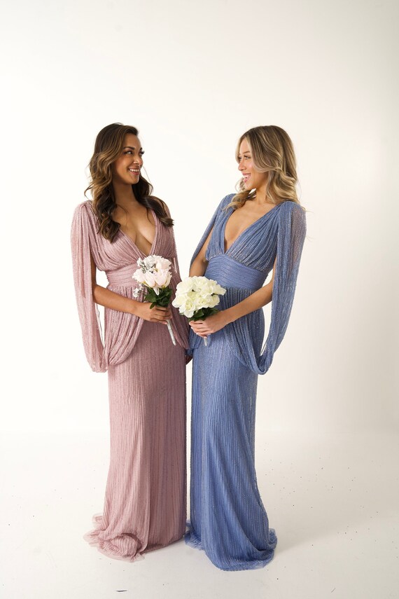 cape dress bridesmaid WEDTREND Women Elegant Lilac Long Bridesmaid Dress A-Line V Neck Chiffon  Wedding Party Dress with Flowing Cape Sleeves