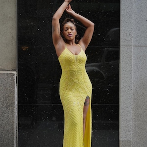 Yellow Beaded Dress, Yellow Floor Length Dress, Yellow Evening Gown, Yellow Bridesmaid Dress, Yellow Sparkle Dress, Yellow Prom Dress