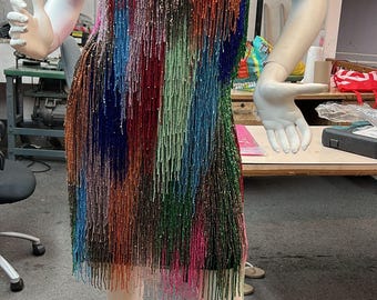 Sequin Fringe Mini Dress: Beaded Art Deco Party Gown