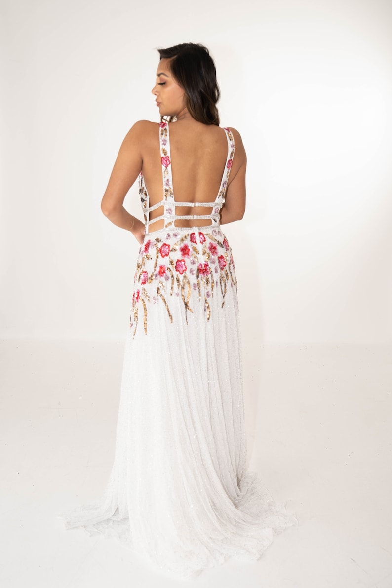 Long Beaded Garden Dress in Beige