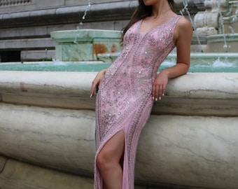 Beaded Prom Gown: Dusty Rose Regal Beadwork Dress
