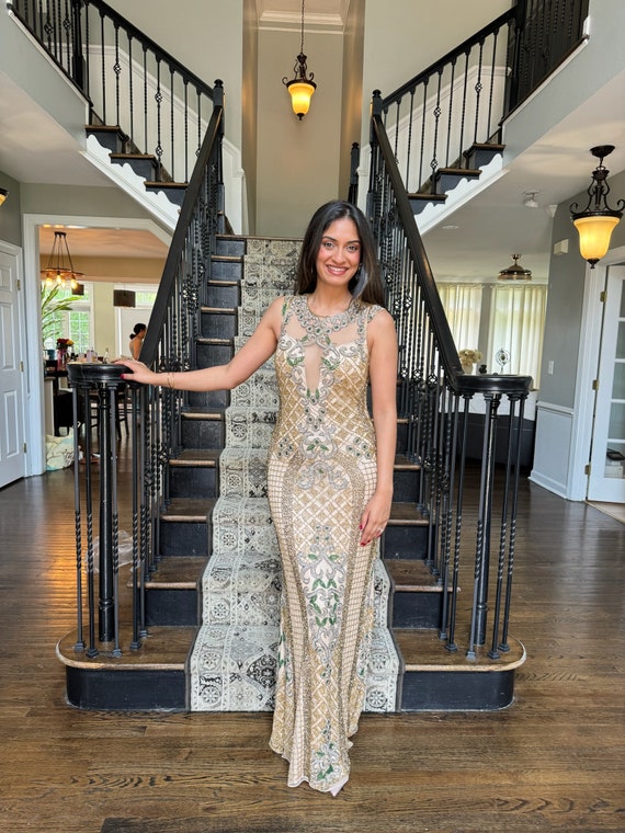 Beaded Champagne Gown: Backless Long Formal Dress