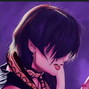 May include: Digital art portrait of a person with dark hair and a black outfit. The person has a red lip color and a decorative collar with a red and gold pattern. The background is a gradient of purple.