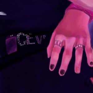 May include: A digital illustration of a hand with black nail polish and silver rings. The hand is wearing a pink wristband. The image also shows a black garment with the letters "CEV" in white.