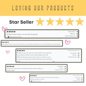 Peut inclure: Image pr&eacute;sentant des avis clients avec un badge "Star Seller". Les commentaires soulignent la qualit&eacute;, la livraison rapide et le service client. Le texte indique "LOVING OUR PRODUCTS". &Eacute;toiles et coeurs d&eacute;coratifs.