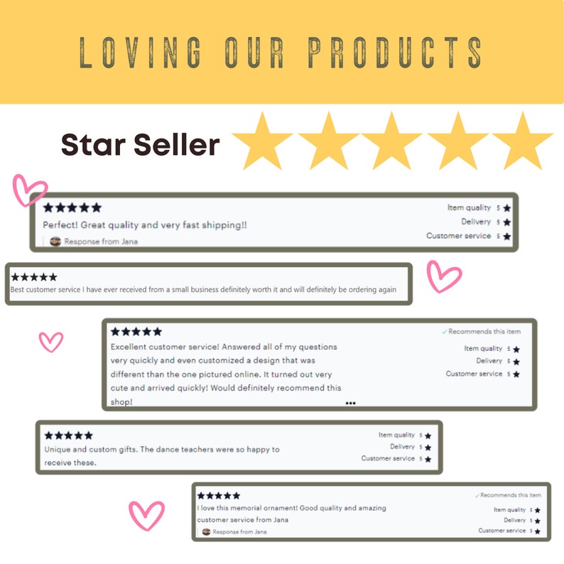 Peut inclure: Image pr&eacute;sentant des avis clients avec un badge "Star Seller". Les commentaires soulignent la qualit&eacute;, la livraison rapide et le service client. Le texte indique "LOVING OUR PRODUCTS". &Eacute;toiles et coeurs d&eacute;coratifs.