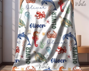 Personalized Ocean Animals Baby Blanket Custom Name Nursery Blanket Sea Turtle Fish Shower Gift Marine Decor Toddler Throw Sweet Keepsake